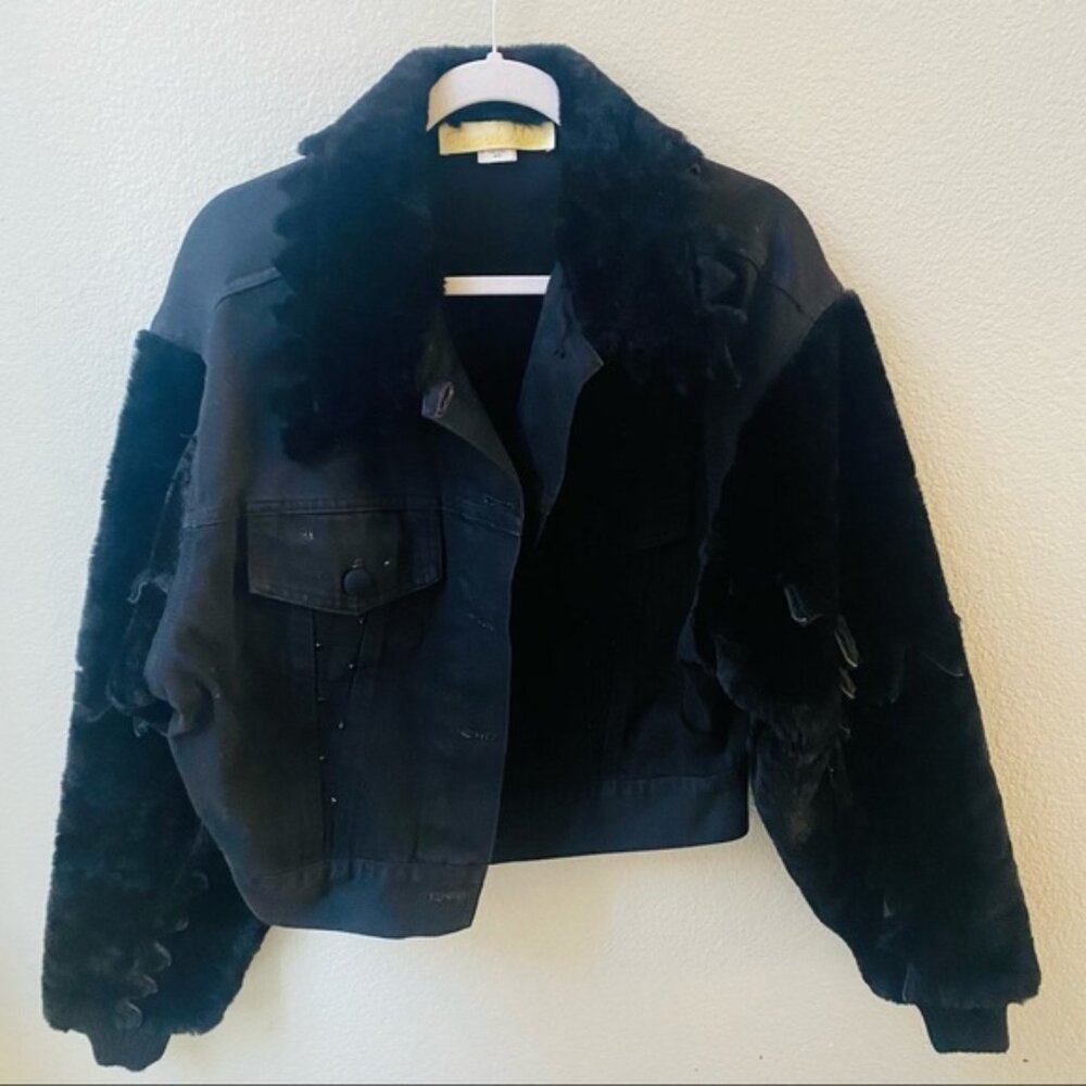 rare vintage TAMORAH MARIE 80's black denim studded fur sleeve jacket womens M